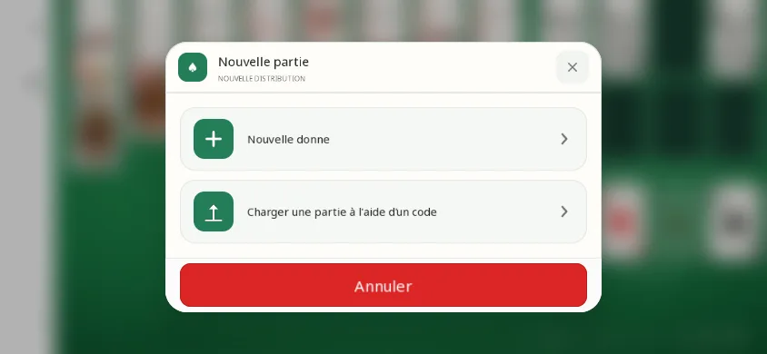 Fenêtre Nouvelle partie de l’app, au-dessus du plateau flouté : les choix Nouvelle donne et Charger une partie à l’aide d’un code, et le bouton Annuler.